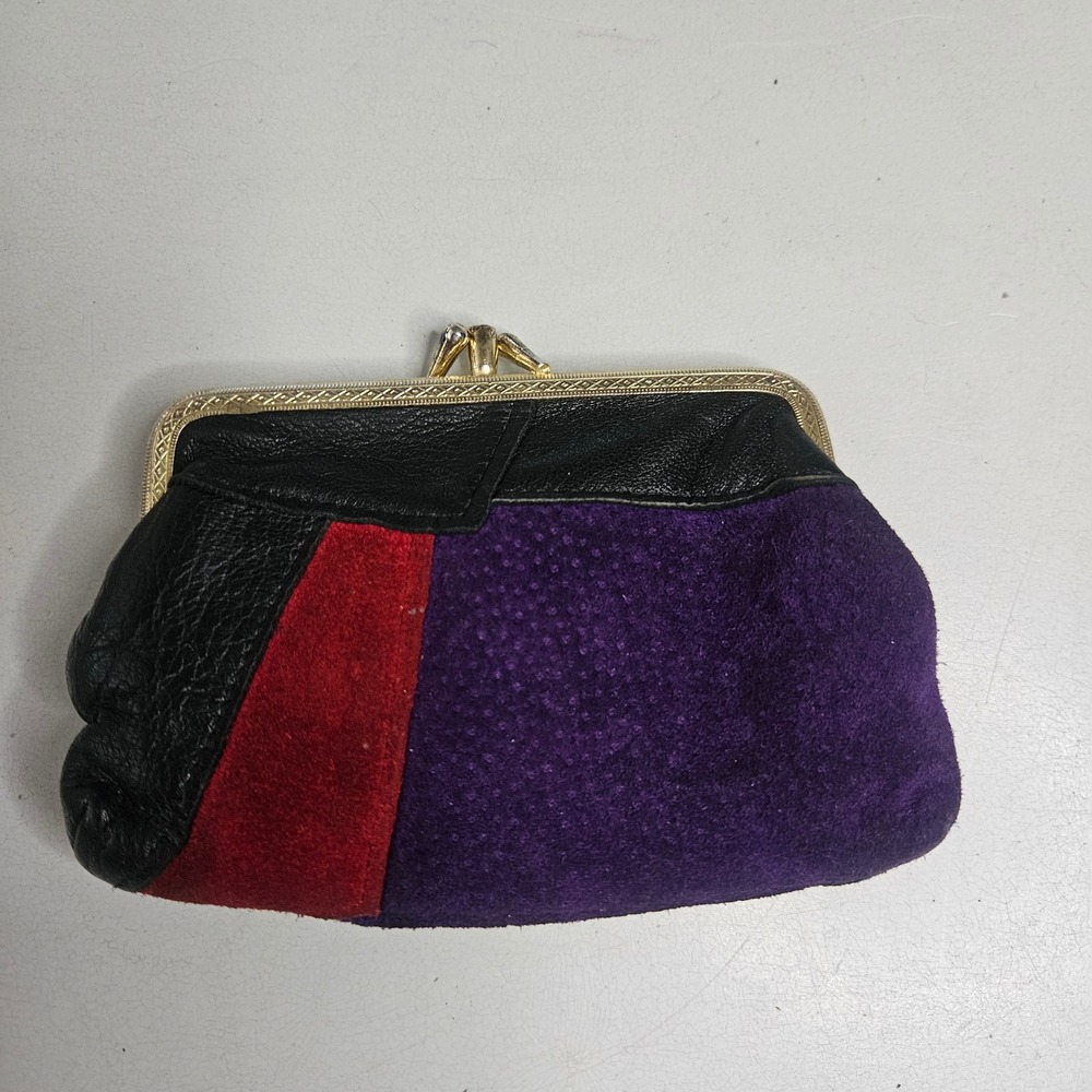 Vintage Patchwork Leather Suede Kiss Lock Clutch Bag Black Red Purple Evening